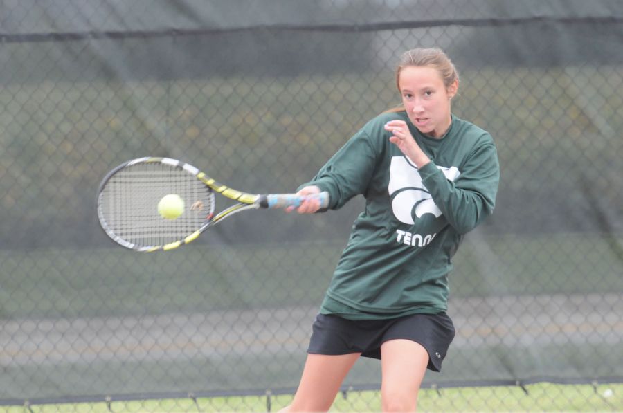 Junior, Bryn Waligorski returns the ball in a recent victory against Plainfield South. 