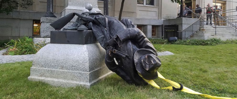 Protestors pulled down this statue of Confederate Solider, Robert E Lee, in Durham North Carolina.  
