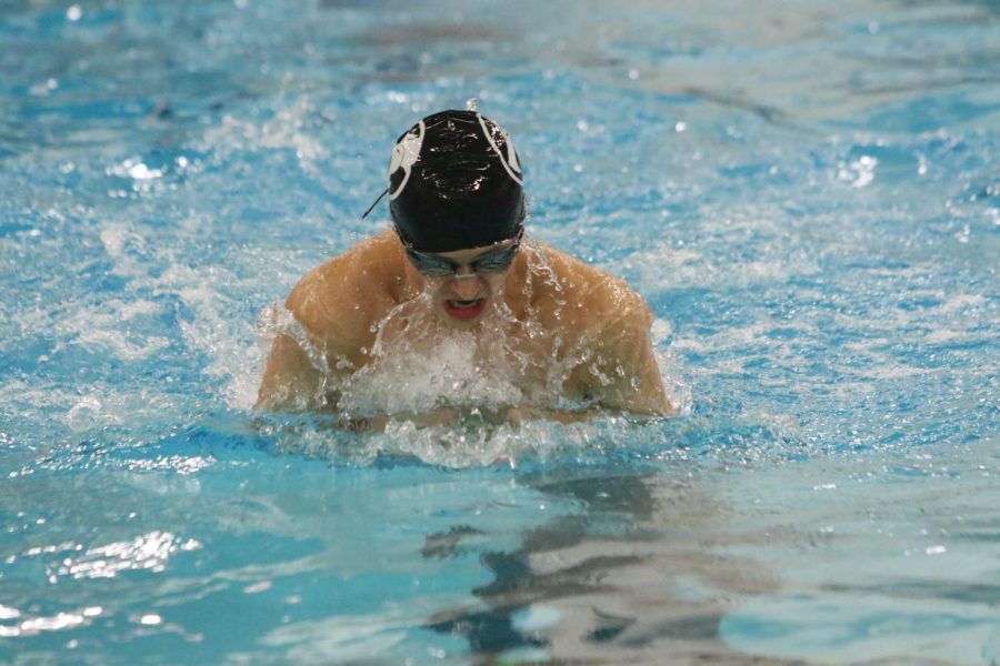 Senior Alec Danko surfaces to take a breath during the 100 yard breast stroke race.    