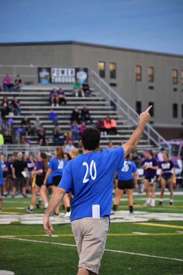 Pat Hanley, senior powderpuff coach, directs his team during the third quarter. 