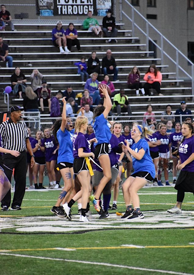 Kaitlyn Carr, senior, intercepts the junior teams throw, as the seniors stage a comeback. 