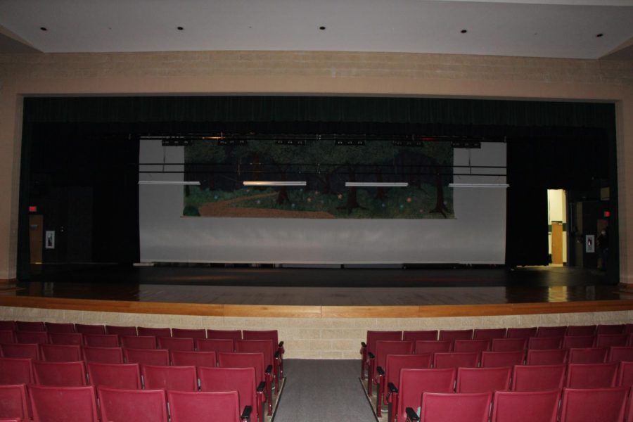 The auditorium sits empty while the cast rehearses via Zoom.