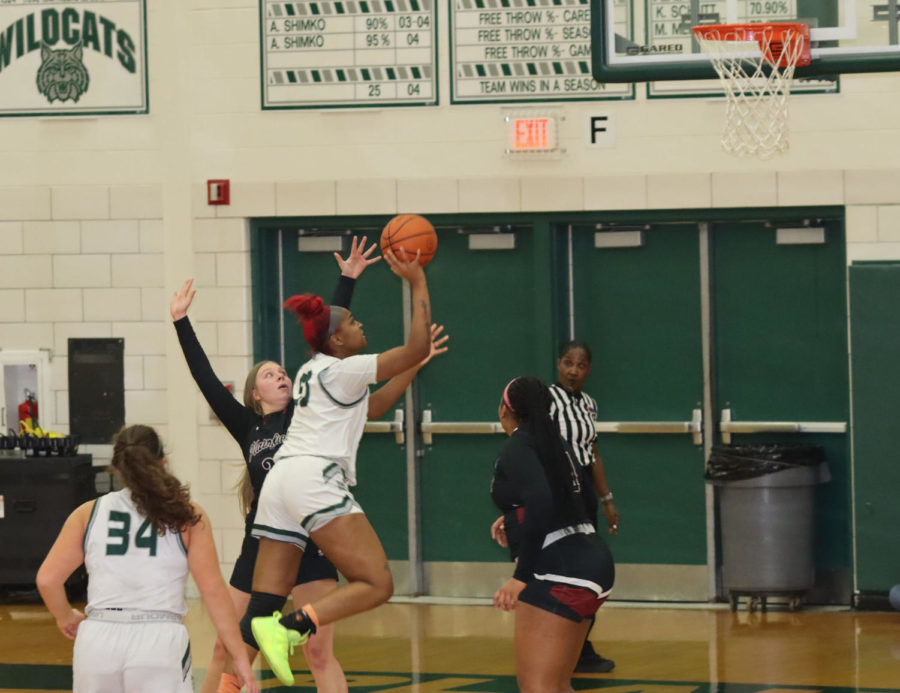 Early in the ladies game vs. Plainfield North, Na’Kiyah Robertson, junior, puts up a shot versus Plainfield North.