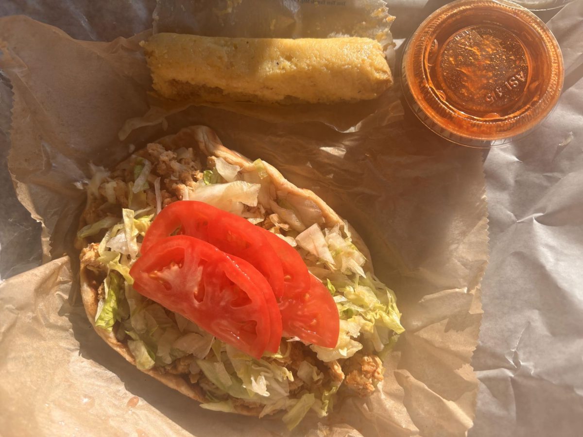 Smiley’s chicken Super Taco includes cheese, lettuce, and tomato all on a soft corn tortilla.